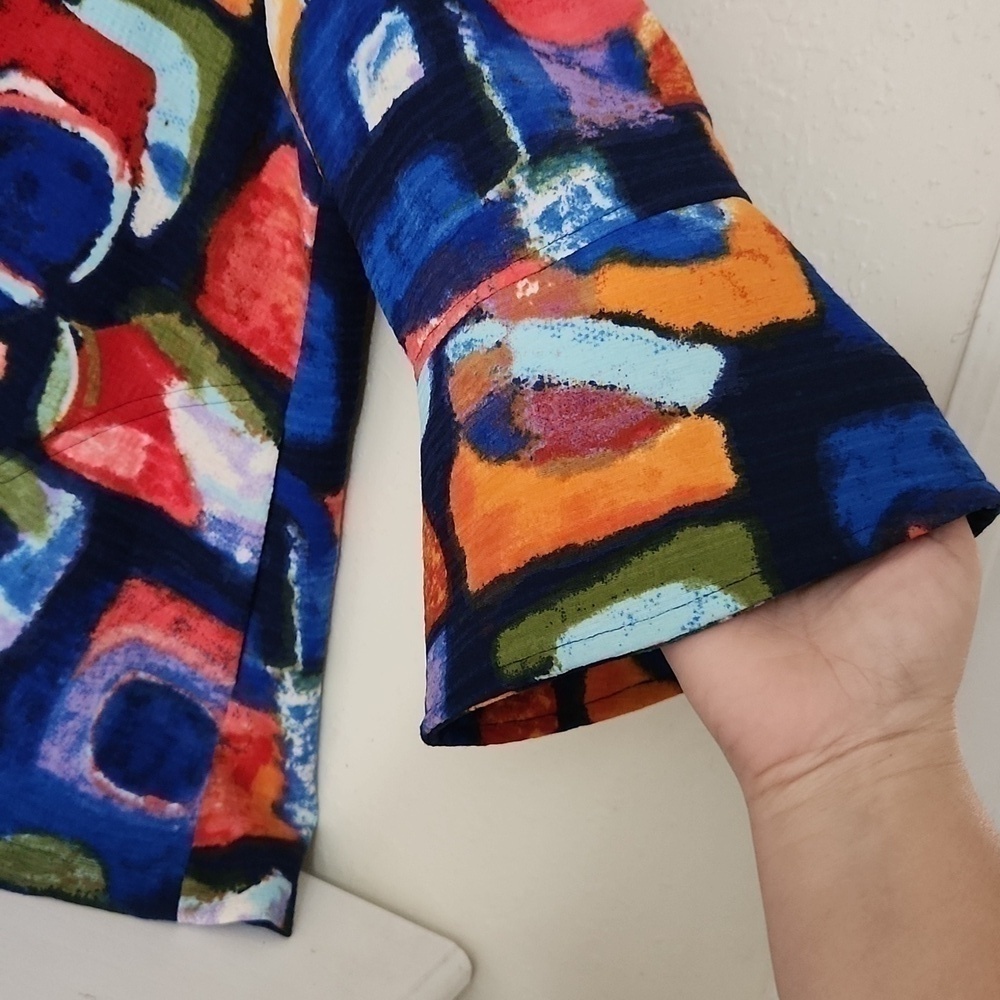 Ali Miles Colorful Abstract Patterned Coat Bell Sleeve Career Artsy Contemporary - Picture 3 of 12
